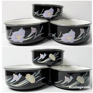 Vintage Mikasa Black Charisma Iris Floral Enamel Metal Nesting Bowls